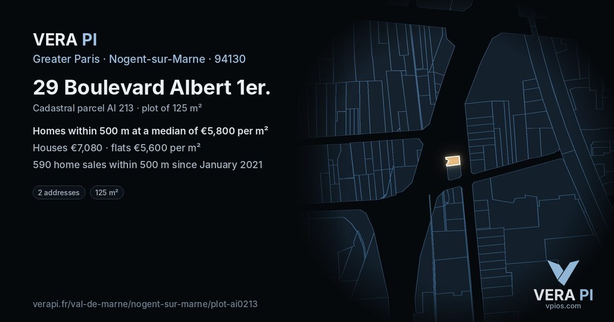 29 Boulevard Albert 1er, Nogent-sur-Marne at night – the plot lit, the parcels around coloured by the prices near them