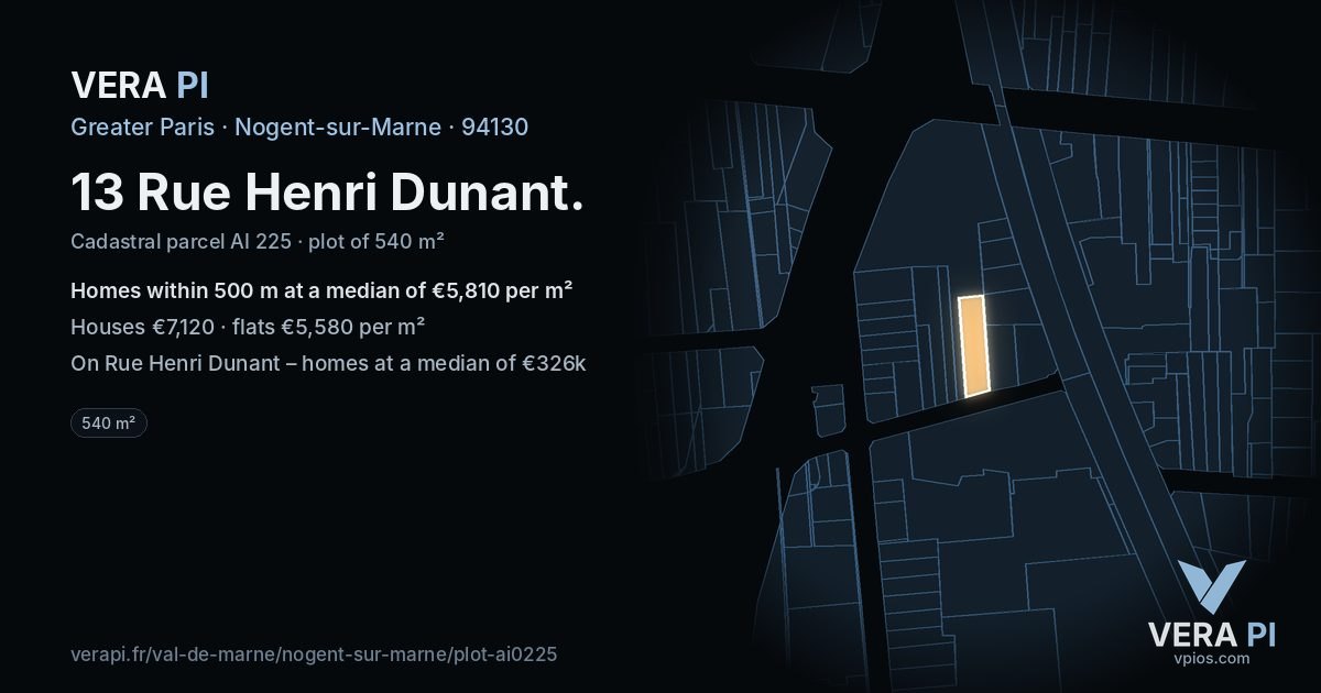 13 Rue Henri Dunant, Nogent-sur-Marne at night – the plot lit, the parcels around coloured by the prices near them