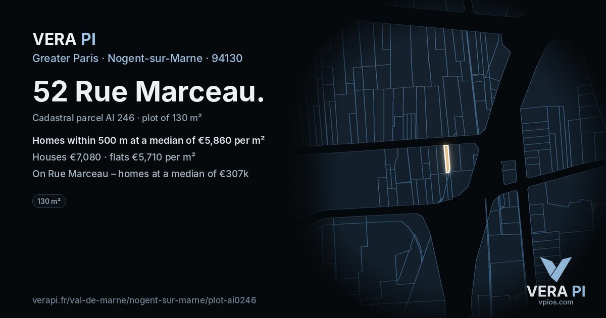 52 Rue Marceau, Nogent-sur-Marne at night – the plot lit, the parcels around coloured by the prices near them
