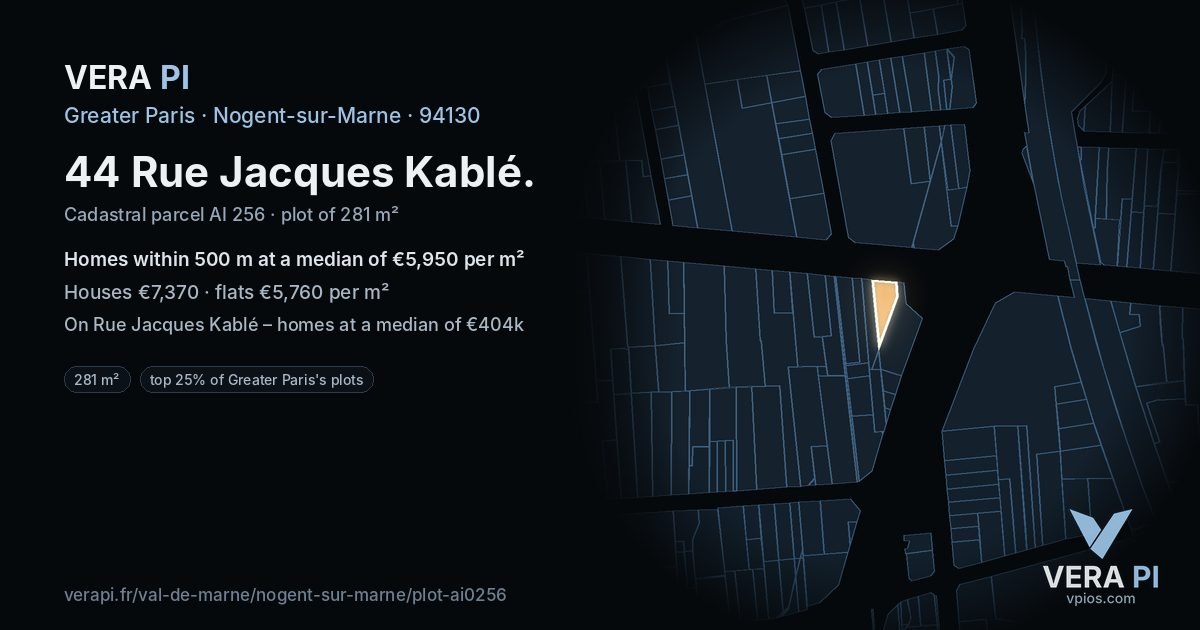 44 Rue Jacques Kablé, Nogent-sur-Marne at night – the plot lit, the parcels around coloured by the prices near them
