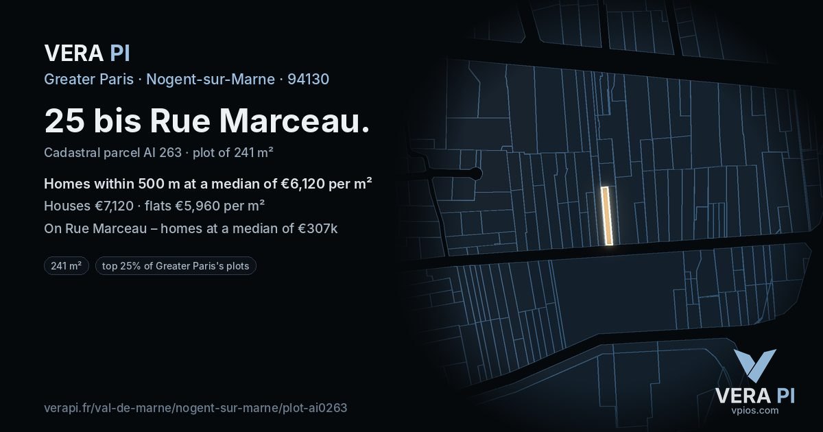 25 bis Rue Marceau, Nogent-sur-Marne at night – the plot lit, the parcels around coloured by the prices near them