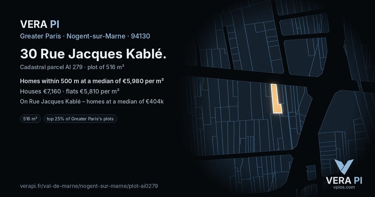 30 Rue Jacques Kablé, Nogent-sur-Marne at night – the plot lit, the parcels around coloured by the prices near them