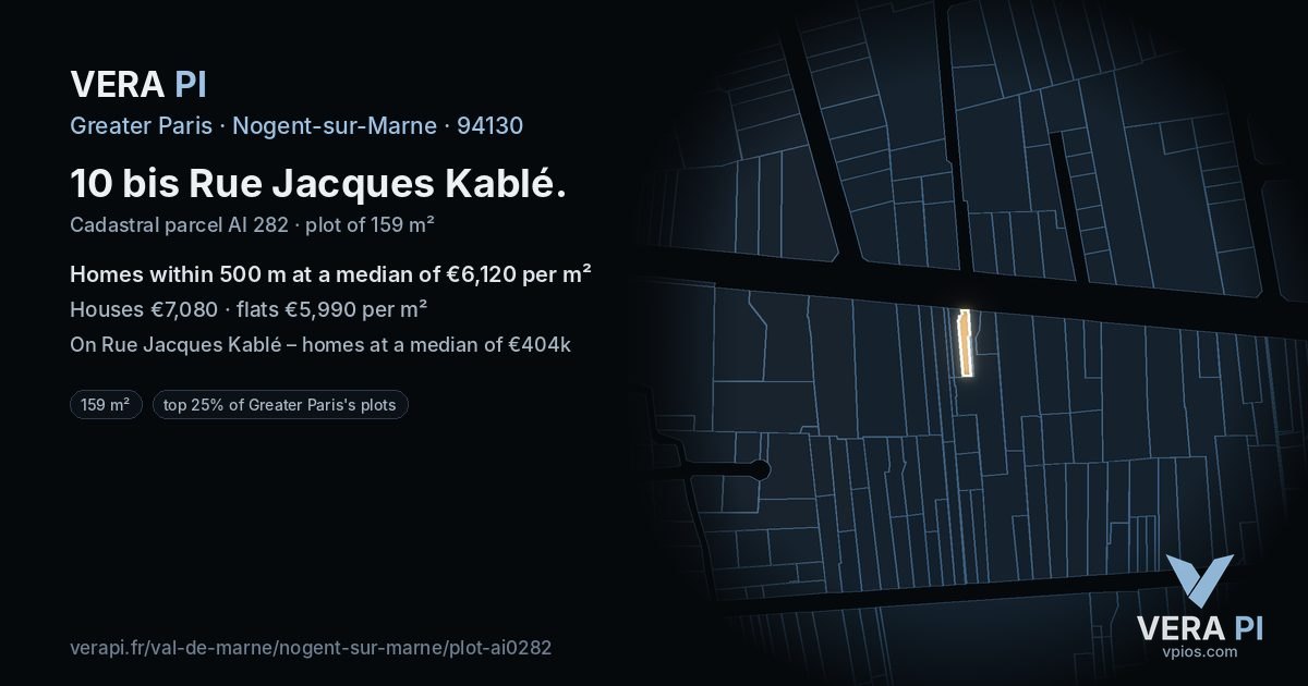 10 bis Rue Jacques Kablé, Nogent-sur-Marne at night – the plot lit, the parcels around coloured by the prices near them