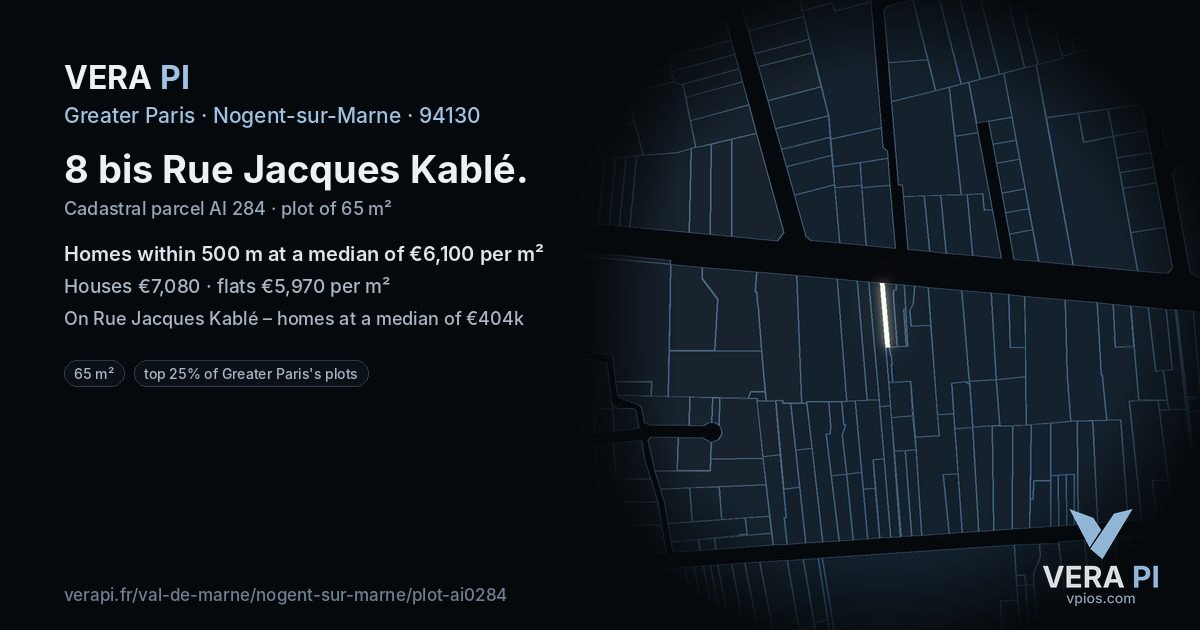 8 bis Rue Jacques Kablé, Nogent-sur-Marne at night – the plot lit, the parcels around coloured by the prices near them