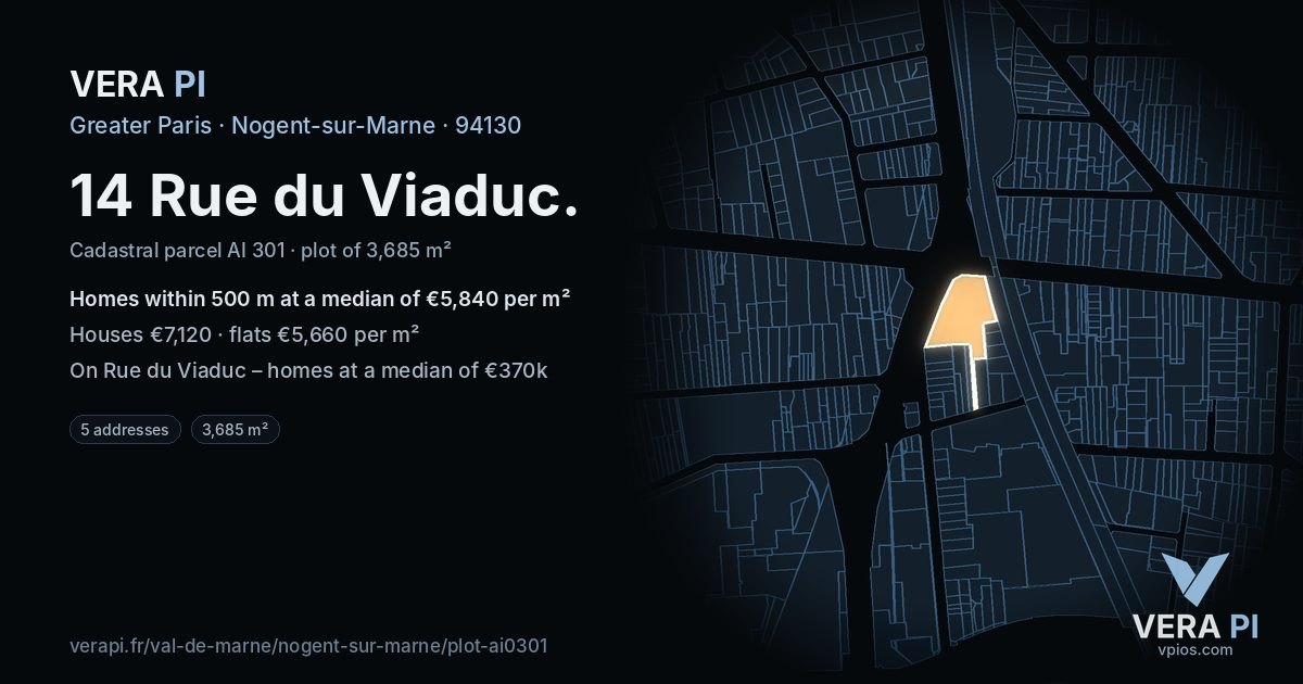 14 Rue du Viaduc, Nogent-sur-Marne at night – the plot lit, the parcels around coloured by the prices near them