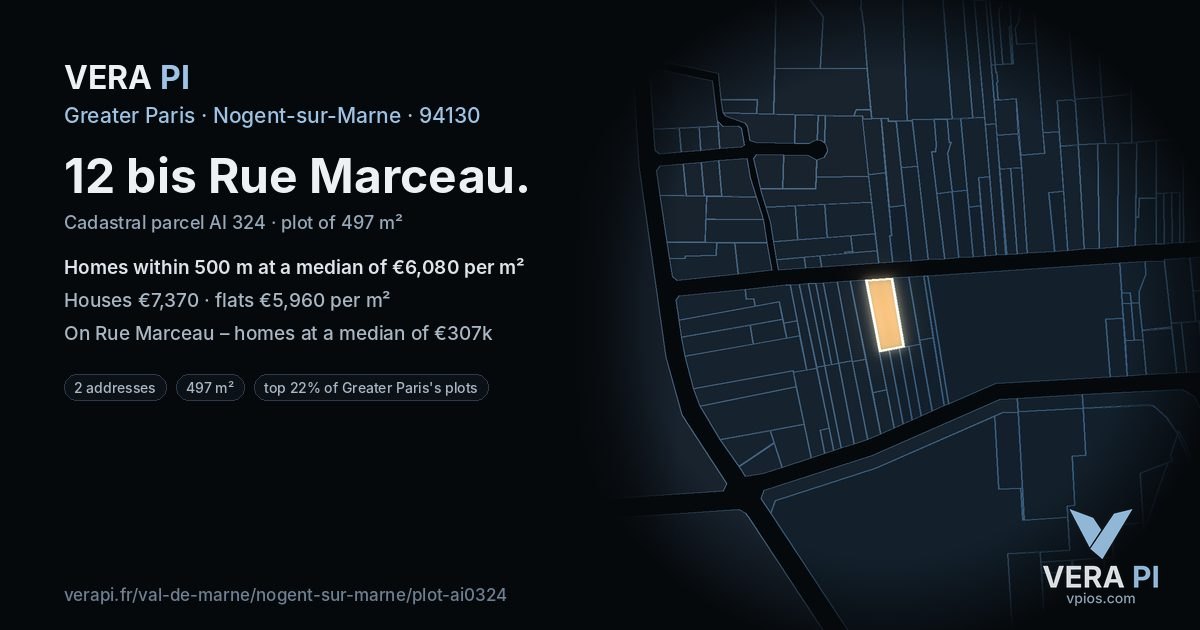 12 bis Rue Marceau, Nogent-sur-Marne at night – the plot lit, the parcels around coloured by the prices near them