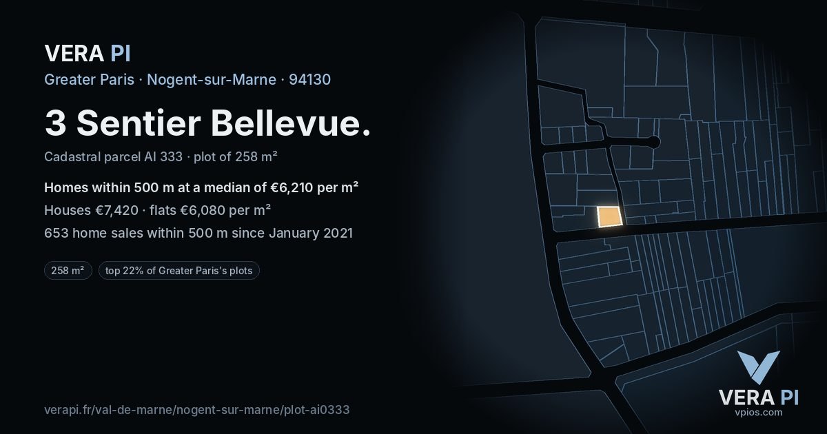 3 Sentier Bellevue, Nogent-sur-Marne at night – the plot lit, the parcels around coloured by the prices near them