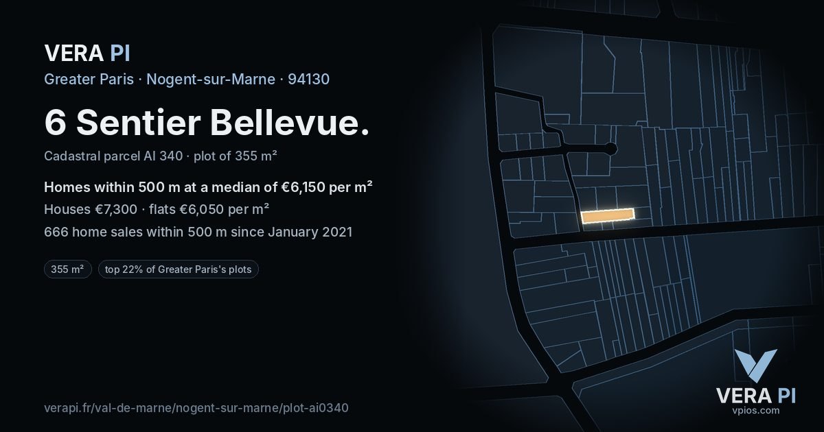 6 Sentier Bellevue, Nogent-sur-Marne at night – the plot lit, the parcels around coloured by the prices near them