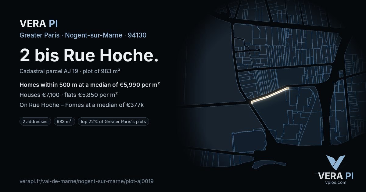 2 bis Rue Hoche, Nogent-sur-Marne at night – the plot lit, the parcels around coloured by the prices near them