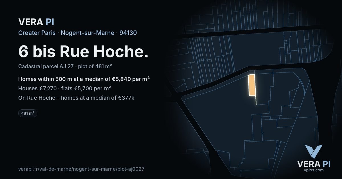 6 bis Rue Hoche, Nogent-sur-Marne at night – the plot lit, the parcels around coloured by the prices near them