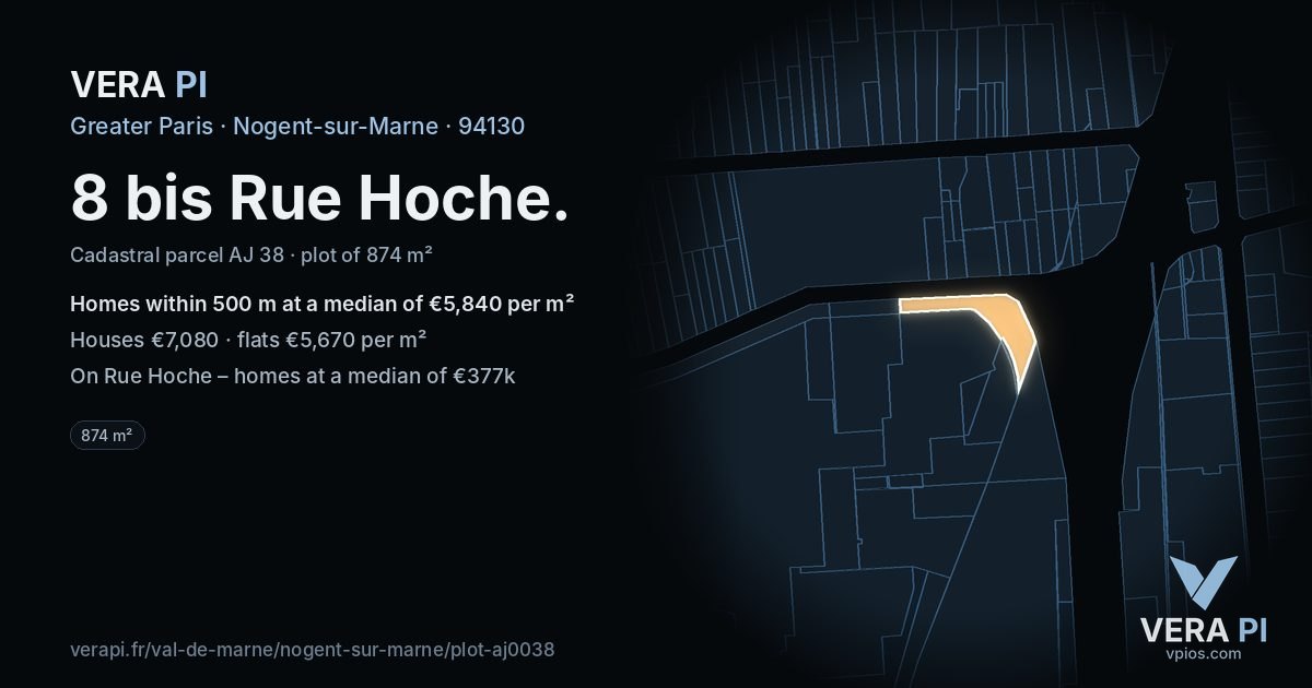 8 bis Rue Hoche, Nogent-sur-Marne at night – the plot lit, the parcels around coloured by the prices near them