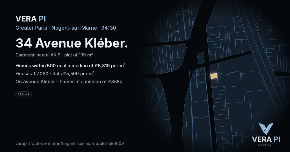 34 Avenue Kléber, Nogent-sur-Marne at night – the plot lit, the parcels around coloured by the prices near them