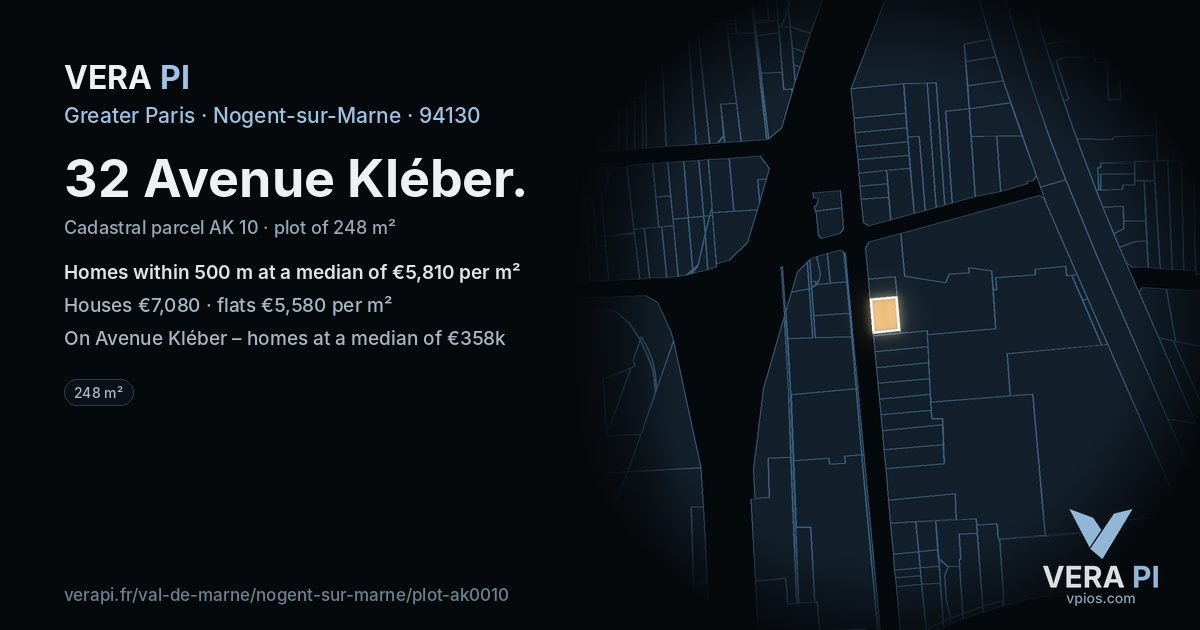 32 Avenue Kléber, Nogent-sur-Marne at night – the plot lit, the parcels around coloured by the prices near them
