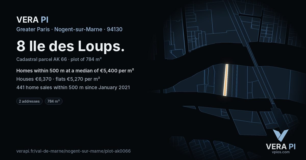 8 Ile des Loups, Nogent-sur-Marne at night – the plot lit, the parcels around coloured by the prices near them
