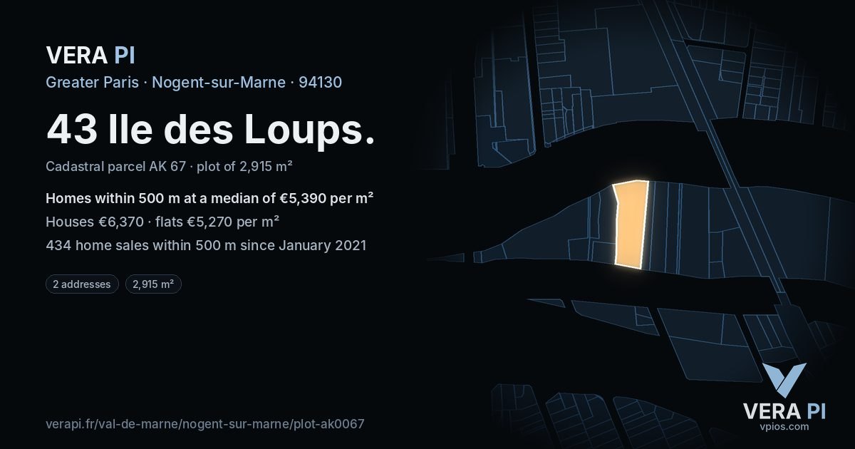 43 Ile des Loups, Nogent-sur-Marne at night – the plot lit, the parcels around coloured by the prices near them