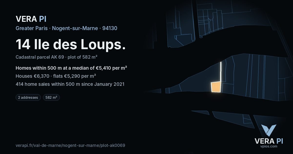 14 Ile des Loups, Nogent-sur-Marne at night – the plot lit, the parcels around coloured by the prices near them