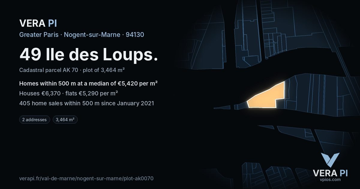 49 Ile des Loups, Nogent-sur-Marne at night – the plot lit, the parcels around coloured by the prices near them
