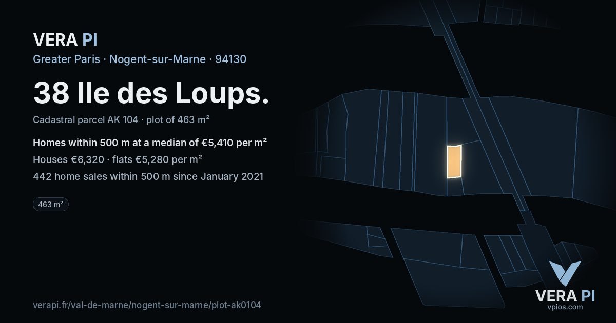 38 Ile des Loups, Nogent-sur-Marne at night – the plot lit, the parcels around coloured by the prices near them