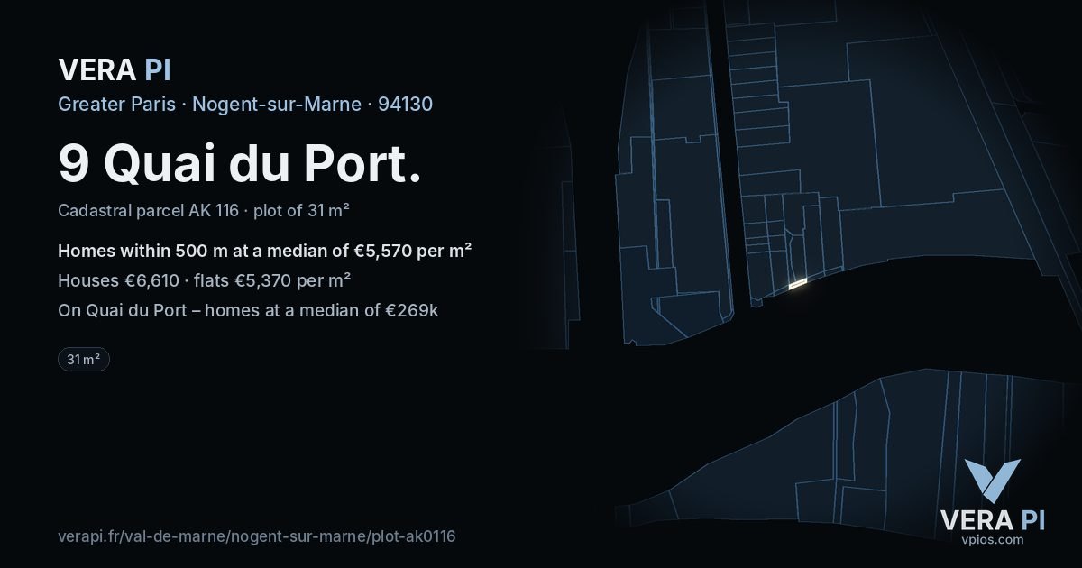 9 Quai du Port, Nogent-sur-Marne at night – the plot lit, the parcels around coloured by the prices near them