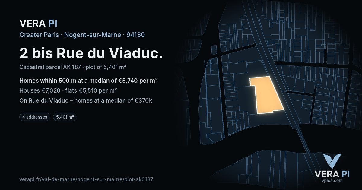 2 bis Rue du Viaduc, Nogent-sur-Marne at night – the plot lit, the parcels around coloured by the prices near them