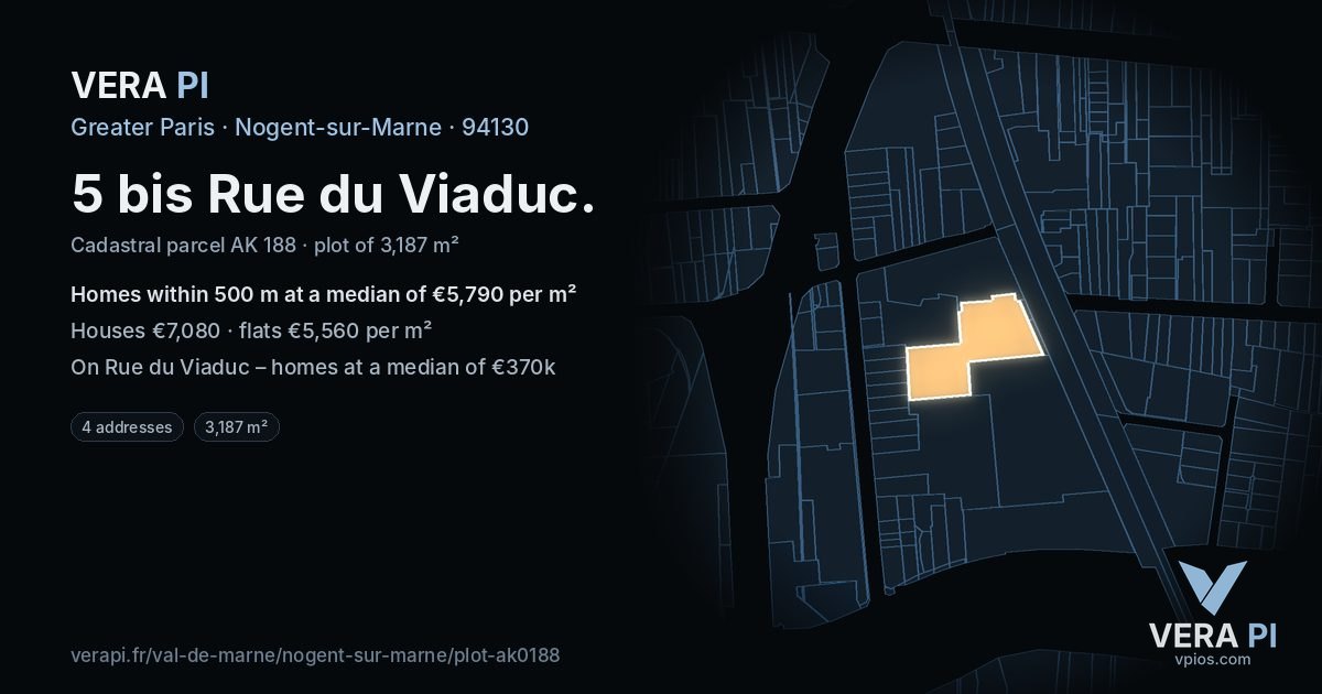 5 bis Rue du Viaduc, Nogent-sur-Marne at night – the plot lit, the parcels around coloured by the prices near them