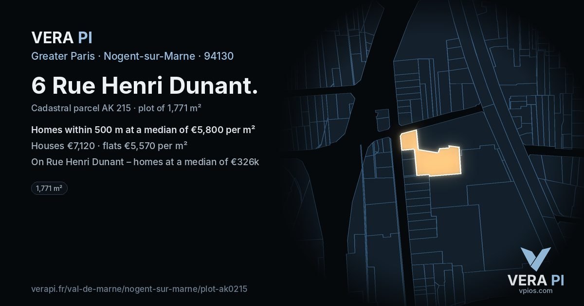 6 Rue Henri Dunant, Nogent-sur-Marne at night – the plot lit, the parcels around coloured by the prices near them