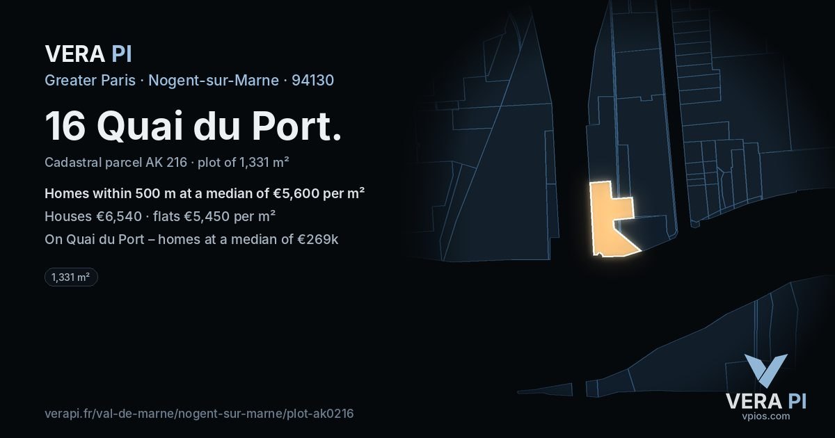 16 Quai du Port, Nogent-sur-Marne at night – the plot lit, the parcels around coloured by the prices near them
