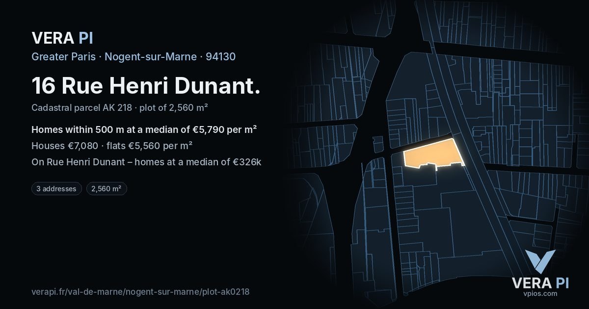 16 Rue Henri Dunant, Nogent-sur-Marne at night – the plot lit, the parcels around coloured by the prices near them