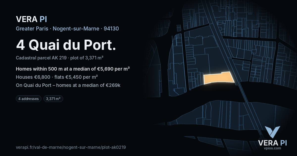 4 Quai du Port, Nogent-sur-Marne at night – the plot lit, the parcels around coloured by the prices near them