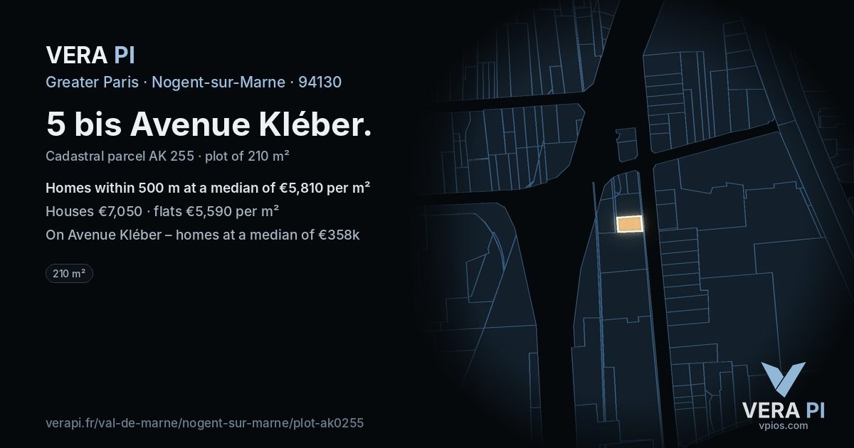 5 bis Avenue Kléber, Nogent-sur-Marne at night – the plot lit, the parcels around coloured by the prices near them