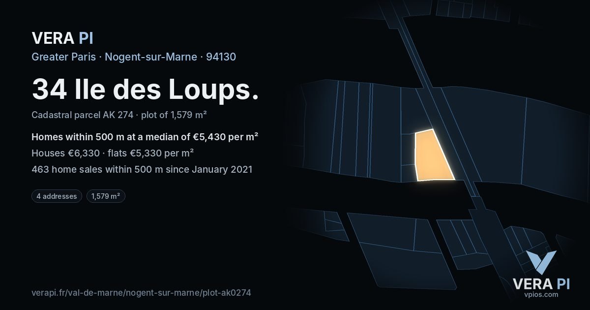 34 Ile des Loups, Nogent-sur-Marne at night – the plot lit, the parcels around coloured by the prices near them