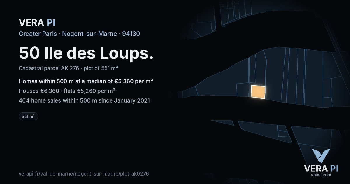 50 Ile des Loups, Nogent-sur-Marne at night – the plot lit, the parcels around coloured by the prices near them