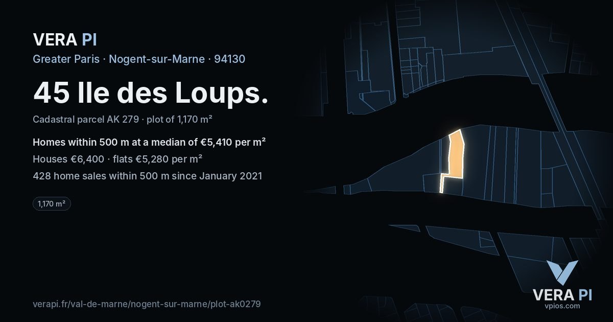 45 Ile des Loups, Nogent-sur-Marne at night – the plot lit, the parcels around coloured by the prices near them