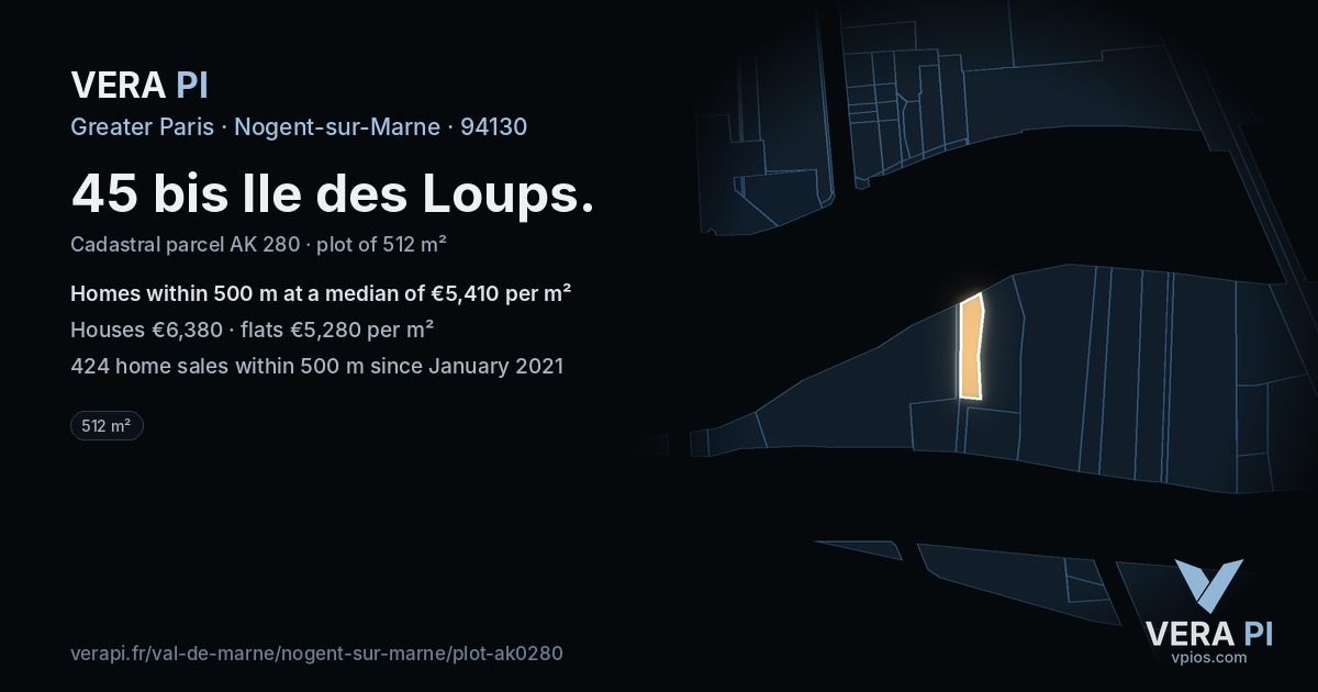 45 bis Ile des Loups, Nogent-sur-Marne at night – the plot lit, the parcels around coloured by the prices near them