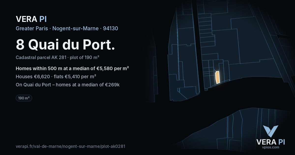 8 Quai du Port, Nogent-sur-Marne at night – the plot lit, the parcels around coloured by the prices near them