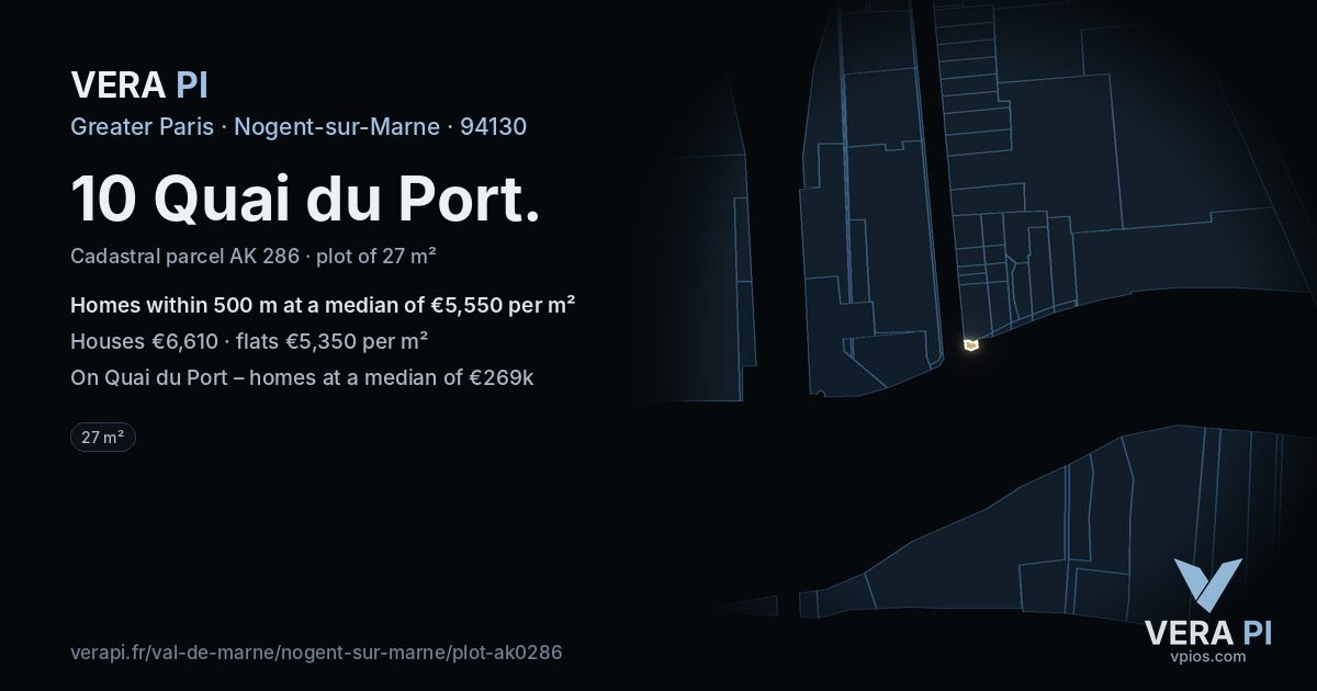10 Quai du Port, Nogent-sur-Marne at night – the plot lit, the parcels around coloured by the prices near them