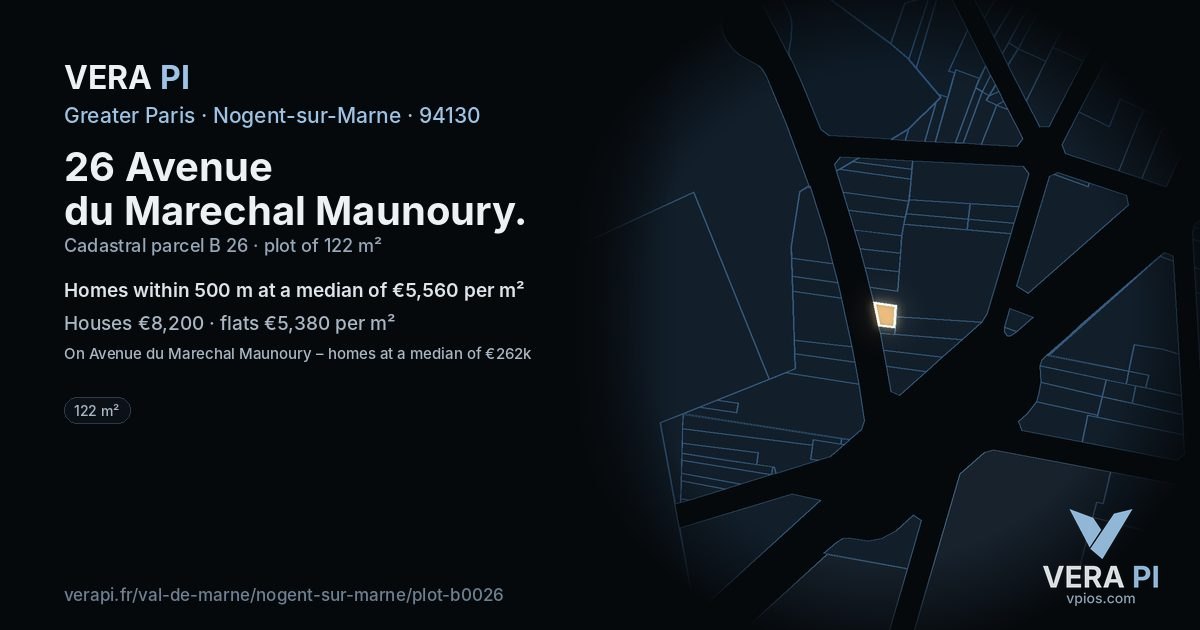 26 Avenue du Marechal Maunoury, Nogent-sur-Marne at night – the plot lit, the parcels around coloured by the prices near them