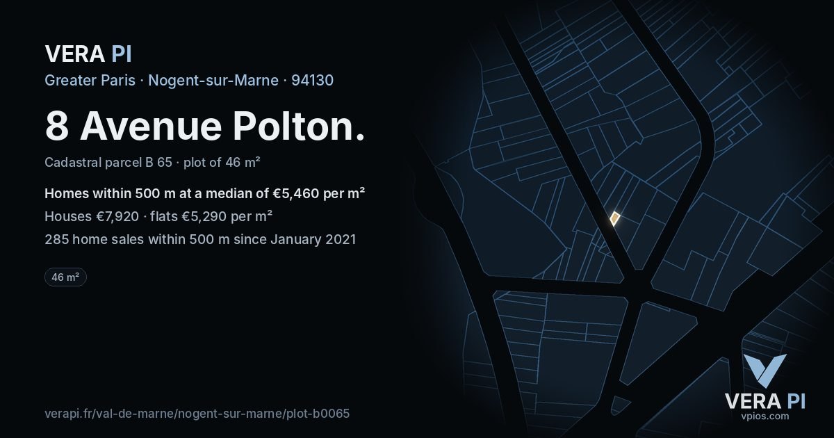 8 Avenue Polton, Nogent-sur-Marne at night – the plot lit, the parcels around coloured by the prices near them