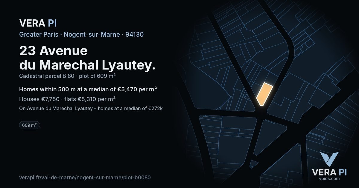 23 Avenue du Marechal Lyautey, Nogent-sur-Marne at night – the plot lit, the parcels around coloured by the prices near them