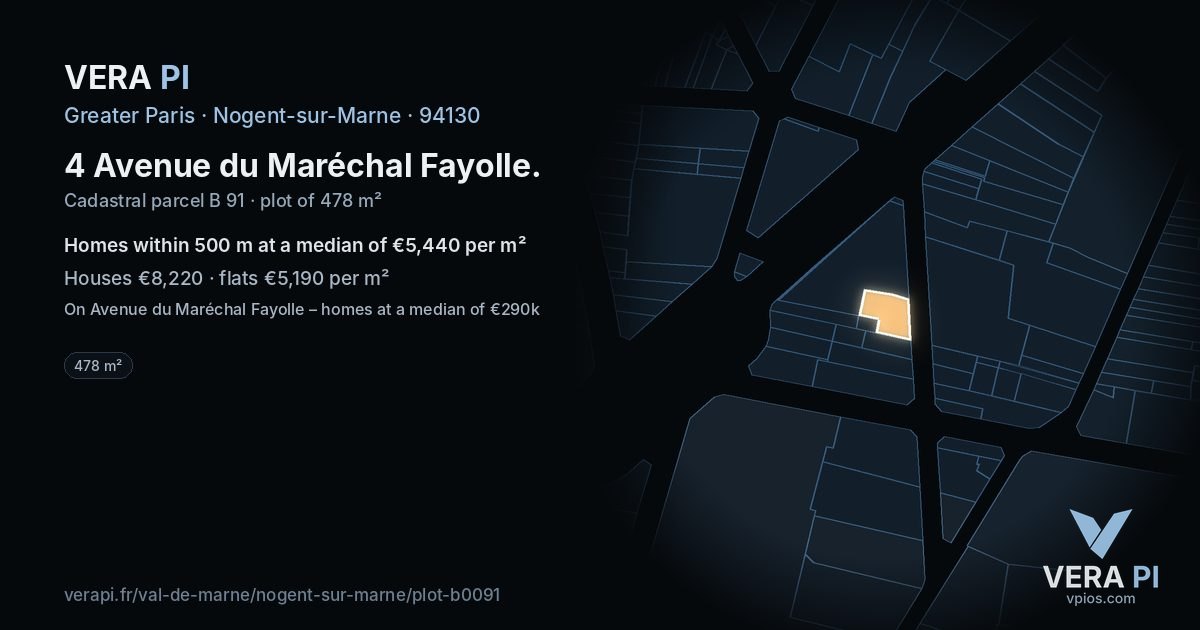 4 Avenue du Maréchal Fayolle, Nogent-sur-Marne at night – the plot lit, the parcels around coloured by the prices near them
