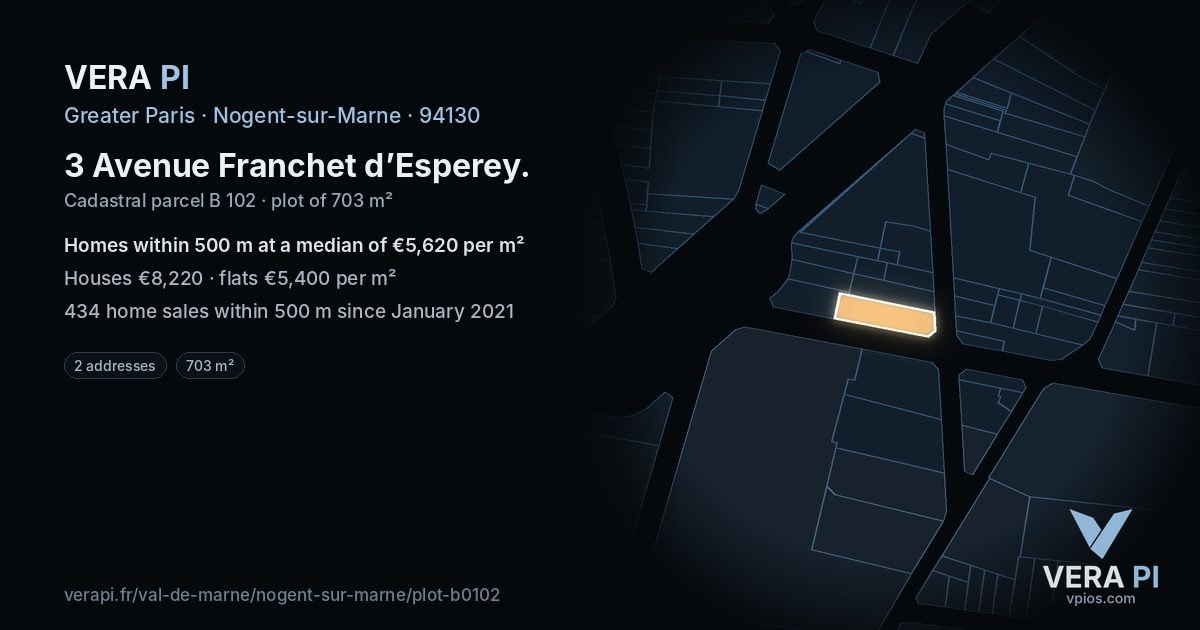 3 Avenue Franchet d’Esperey, Nogent-sur-Marne at night – the plot lit, the parcels around coloured by the prices near them
