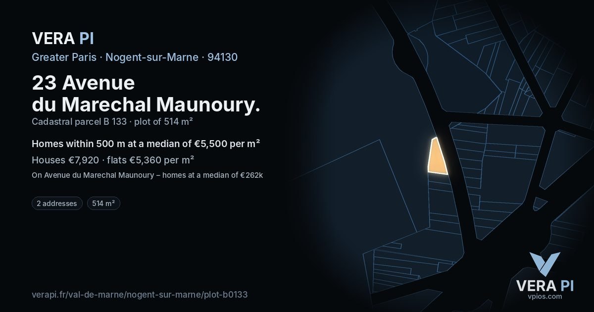 23 Avenue du Marechal Maunoury, Nogent-sur-Marne at night – the plot lit, the parcels around coloured by the prices near them