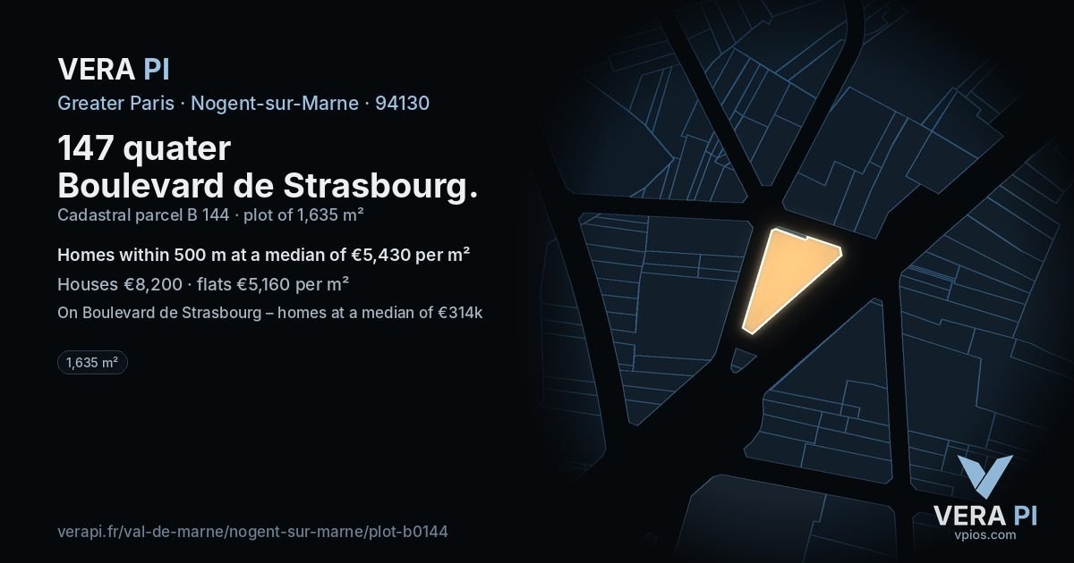 147 quater Boulevard de Strasbourg, Nogent-sur-Marne at night – the plot lit, the parcels around coloured by the prices near them
