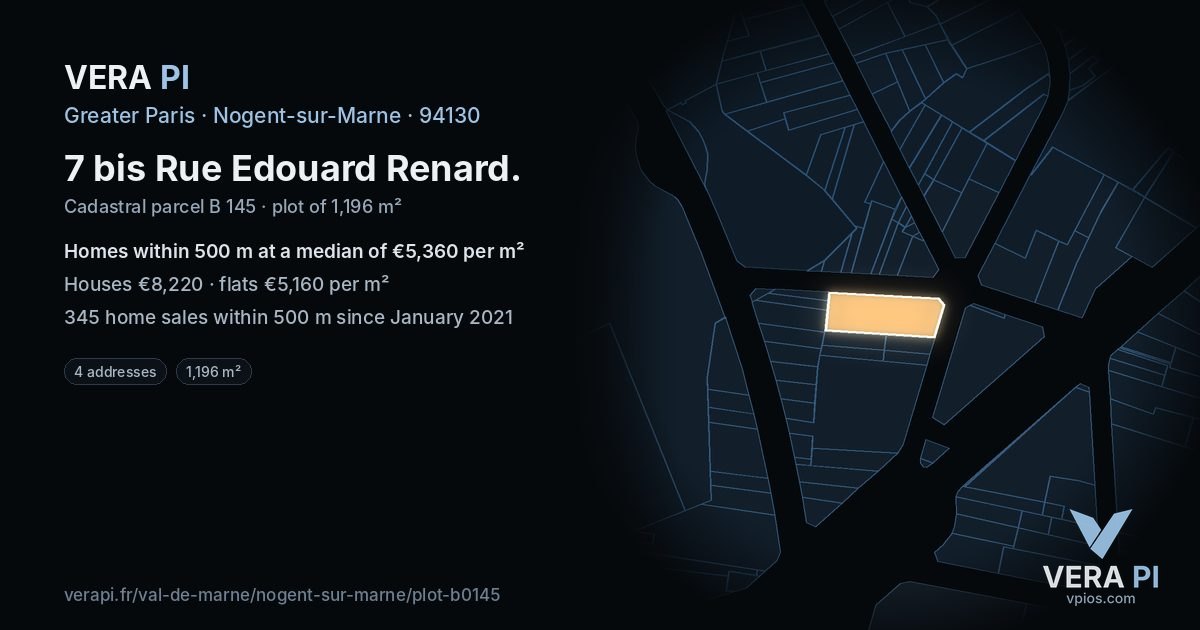 7 bis Rue Edouard Renard, Nogent-sur-Marne at night – the plot lit, the parcels around coloured by the prices near them