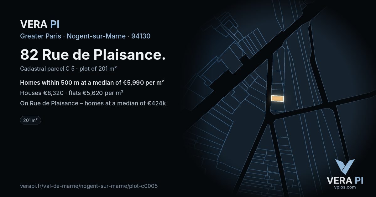 82 Rue de Plaisance, Nogent-sur-Marne at night – the plot lit, the parcels around coloured by the prices near them