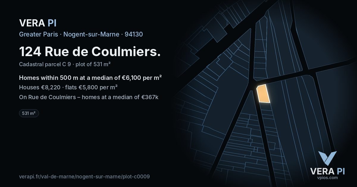 124 Rue de Coulmiers, Nogent-sur-Marne at night – the plot lit, the parcels around coloured by the prices near them