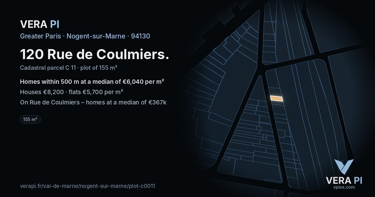 120 Rue de Coulmiers, Nogent-sur-Marne at night – the plot lit, the parcels around coloured by the prices near them