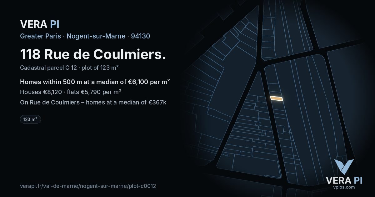 118 Rue de Coulmiers, Nogent-sur-Marne at night – the plot lit, the parcels around coloured by the prices near them