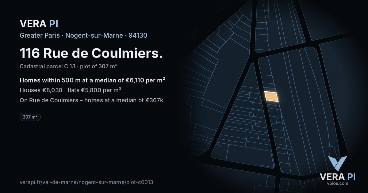 116 Rue de Coulmiers, Nogent-sur-Marne at night – the plot lit, the parcels around coloured by the prices near them