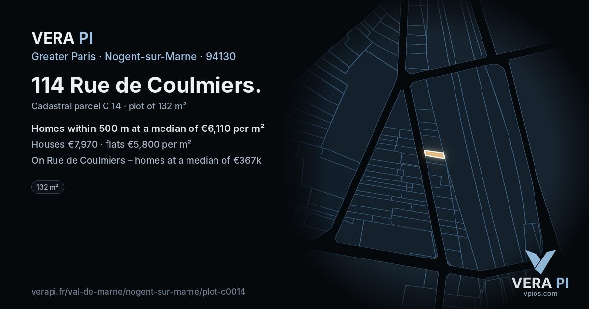 114 Rue de Coulmiers, Nogent-sur-Marne at night – the plot lit, the parcels around coloured by the prices near them